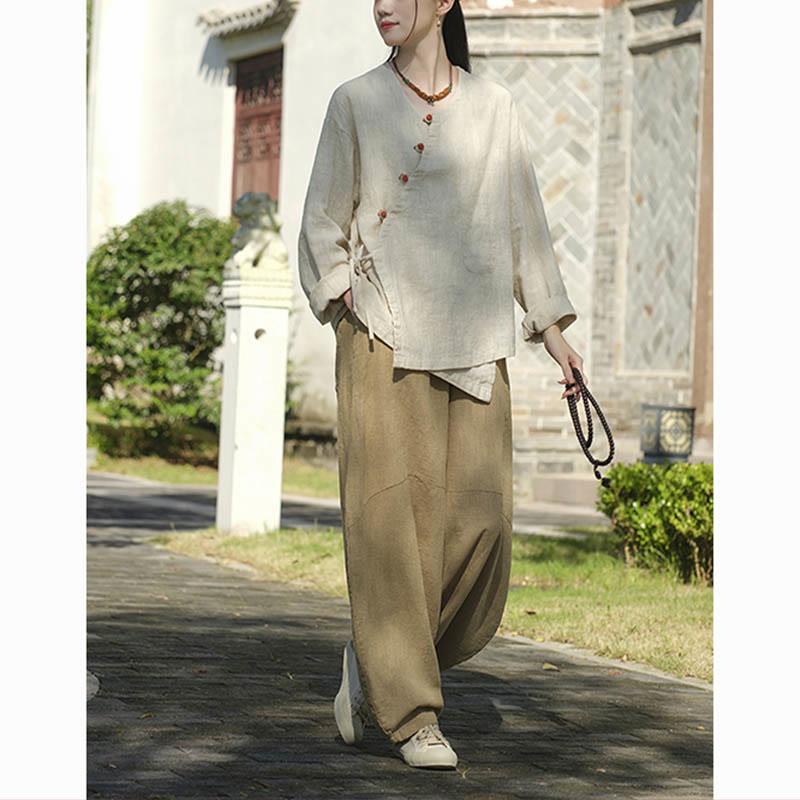 Solid Color Ramie Linen Loose Blouse Long Sleeve Shirt Chinese Hanfu Top