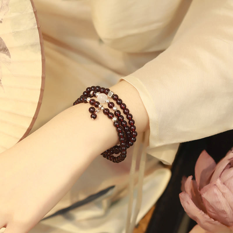 925 Sterling Silver Natural Garnet Cat Eye Protection Triple Wrap Bracelet