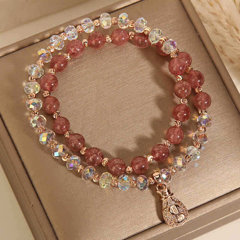 Strawberry Quartz and Clear Quartz Wealth Bag Copper Charm Bracelet for Women