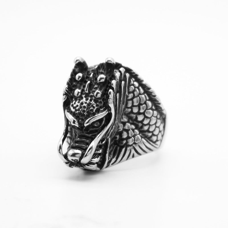 Polished Titanium Steel Dragon Motif Band Ring