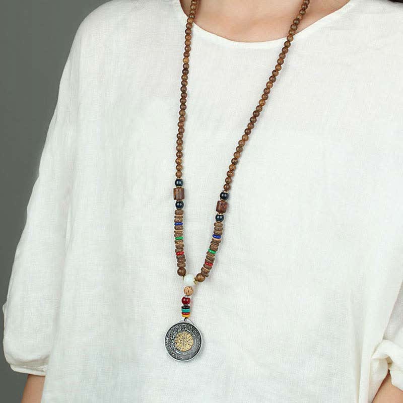 Tibetan Om Mani Padme Hum Prayer Wheel Rotation Vajra Wood Necklace Pendant