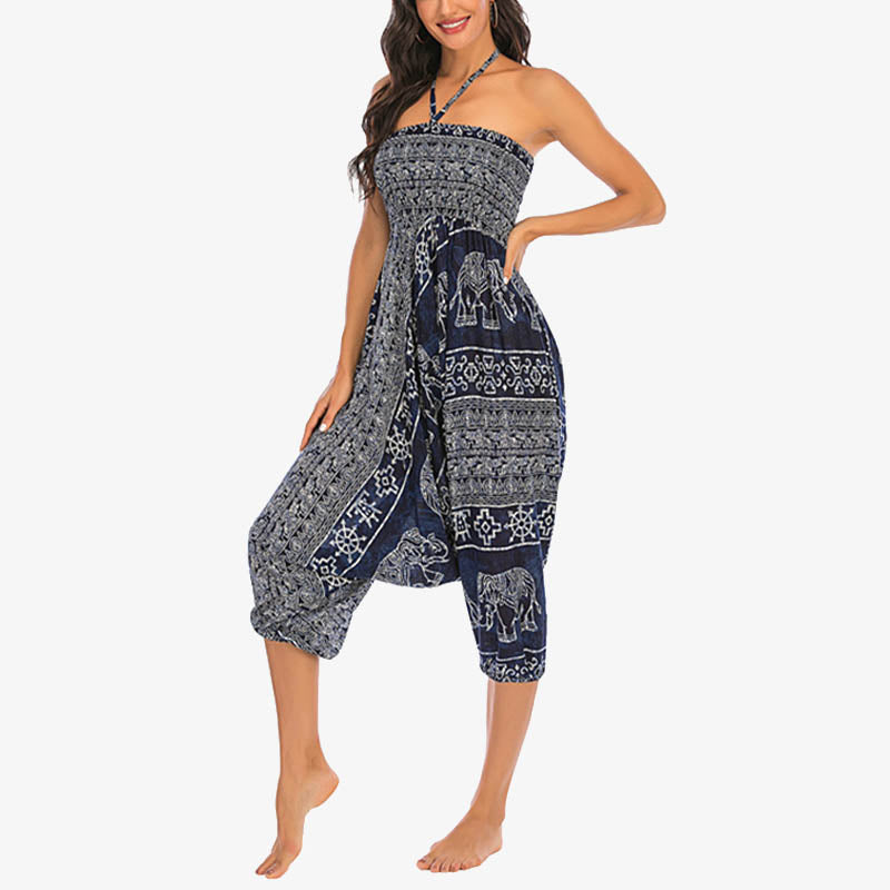 Two Style Wear Elephant Pattern Loose Smocked Harem Trousers Jumpsuit Women's Yoga Pants