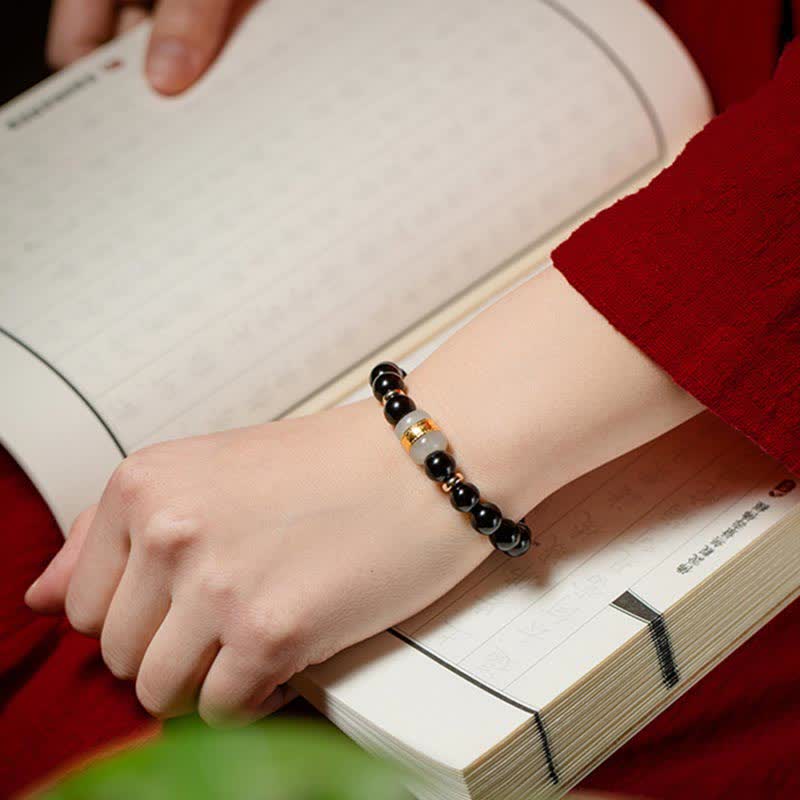 Magnetic Black Obsidian and Jade Om Mani Padme Hum Mantra Gold Plated Couple Bracelet