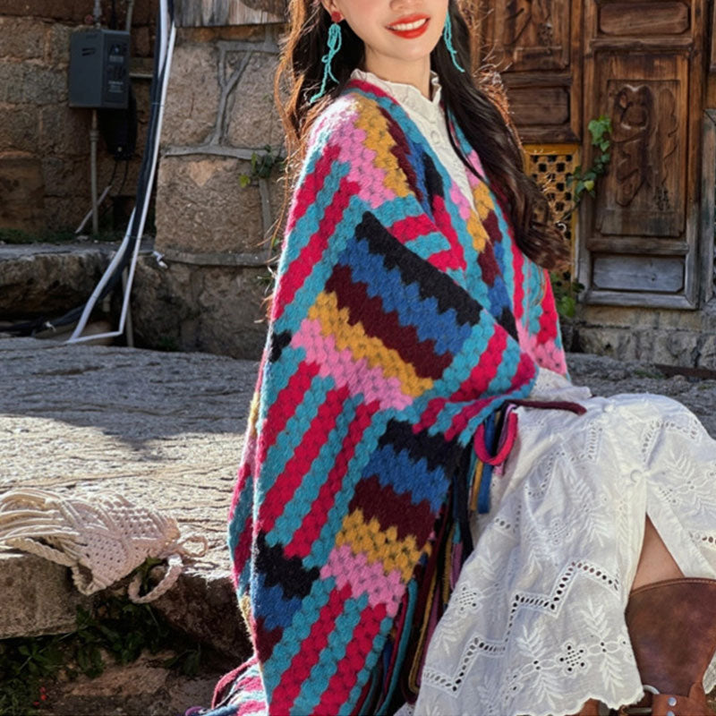 Tibetan Shawl Candy Color Braided Pattern Winter Cozy Travel Knitted Tassel Scarf Wrap