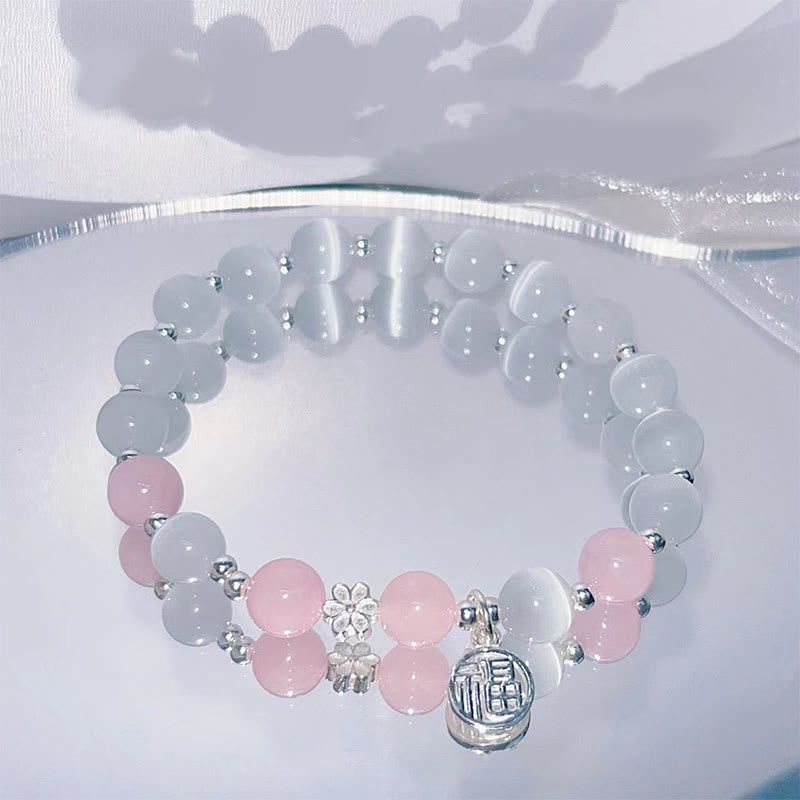 Cat's Eye Crystal Peach Blossom Bell Fu Character Charm Support Bracelet