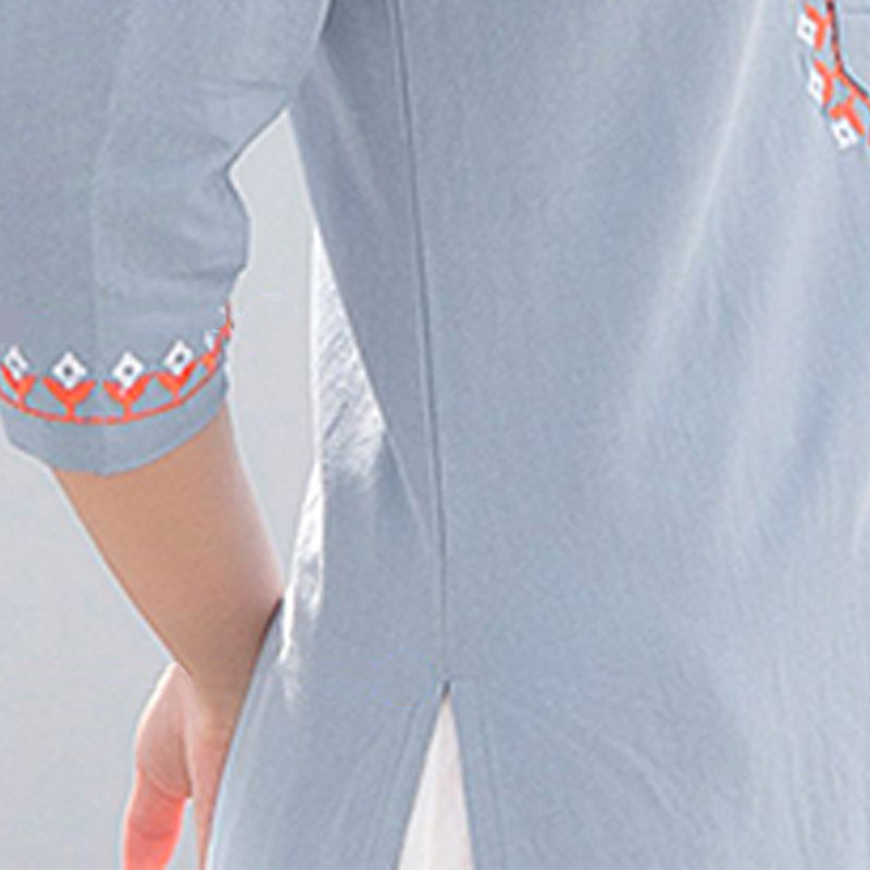 2Pcs V-neck Embroidery Yoga Clothing Zen Meditation Cotton Linen Top Pants Women's Set