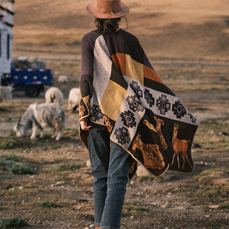 Tibetan Shawl Deer Vase Geometric Shapes Winter Cozy Travel Scarf Wrap