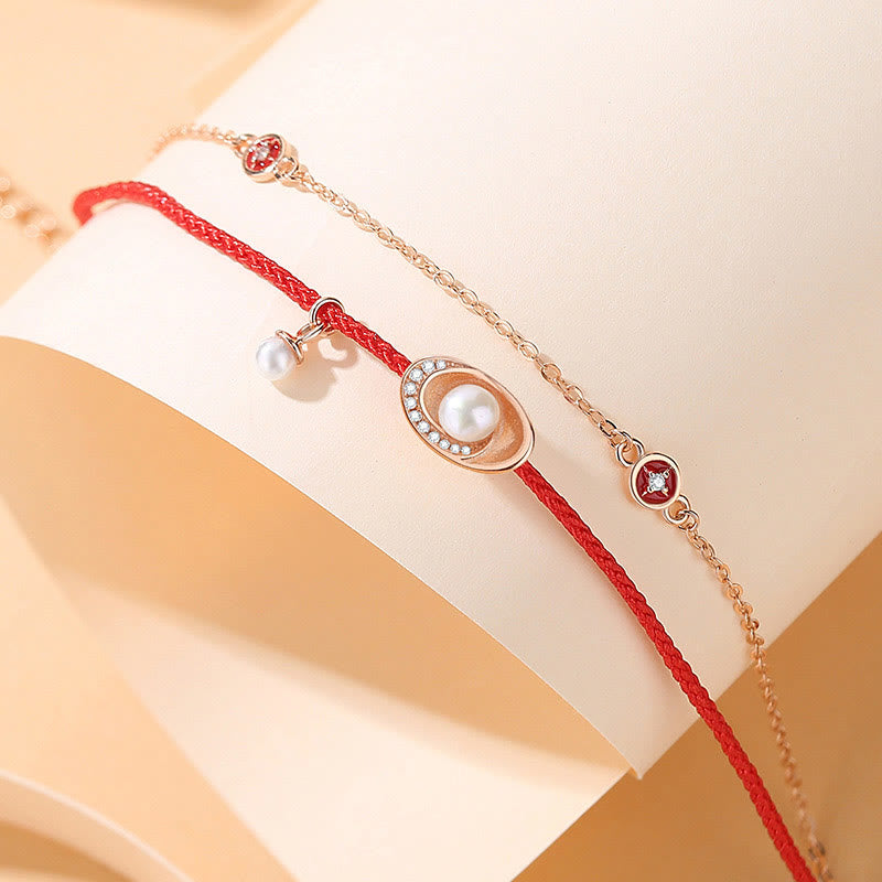 925 Sterling Silver Pearl Ingots Copper Coins Healing Necklace Pendant Red Rope Bracelet Set