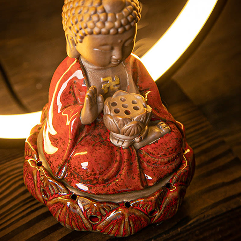 Handcrafted Ceramic Buddha Lotus Backflow Smoke Fountain Incense Burner with Light for Meditation & Yoga