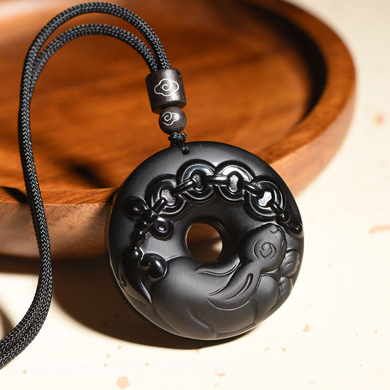 Chinese Zodiac Natural Black Obsidian Peace Buckle Strength Necklace Pendant