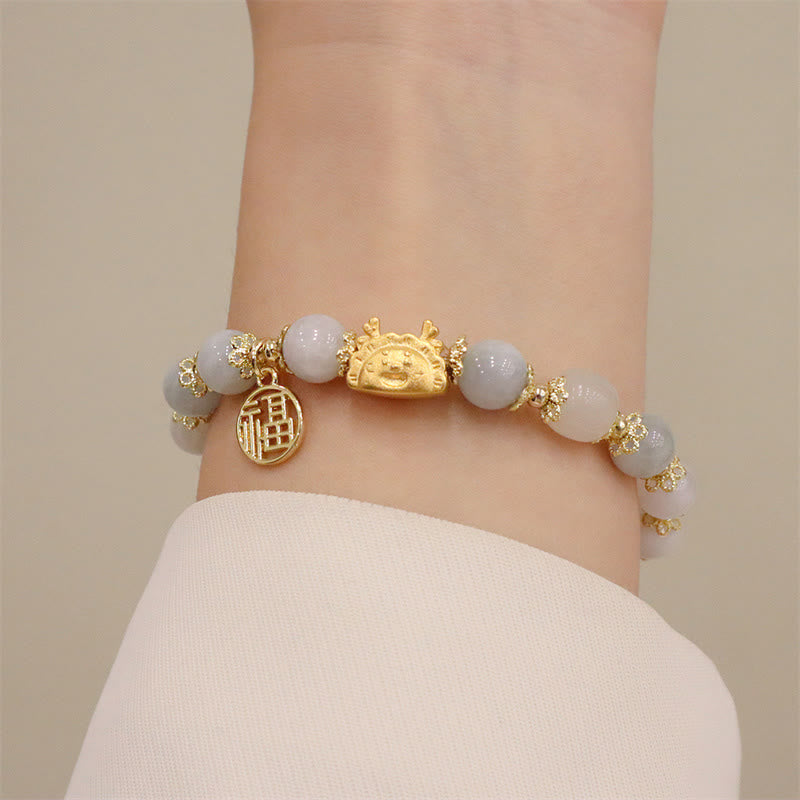 Year Of The Dragon Red Agate Strawberry Quartz Black Obsidian Jade Garnet Pearl Cinnabar Dumpling Dragon Luck Fu Character Bracelet