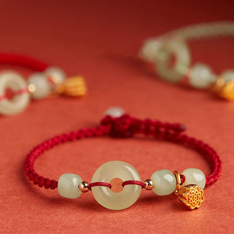 Round Peace Buckle Jade Lotus Happiness Abundance Wealth String Bracelet