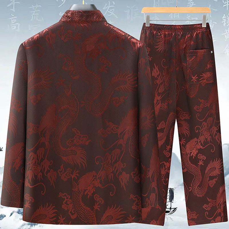 Tang Suit Men Hanfu Chinese Dragon Traditional Clothes Kung Fu Shirt Uniform Long Sleeved Coat Tops and Pants Clothing Men's Set