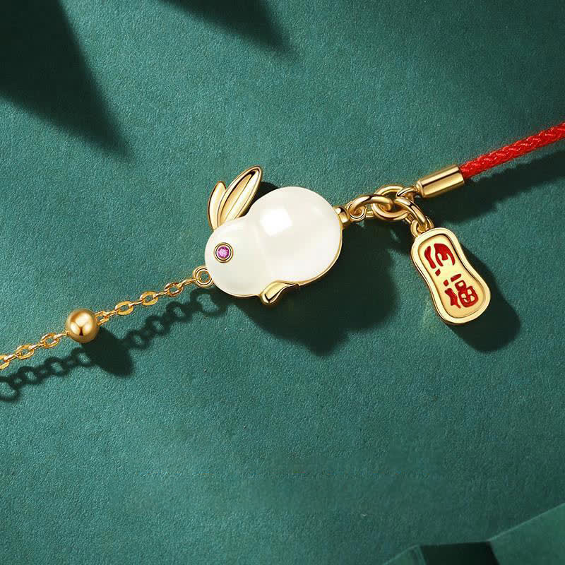 Year of the Rabbit White Jade Happiness Red String Chain Bracelet