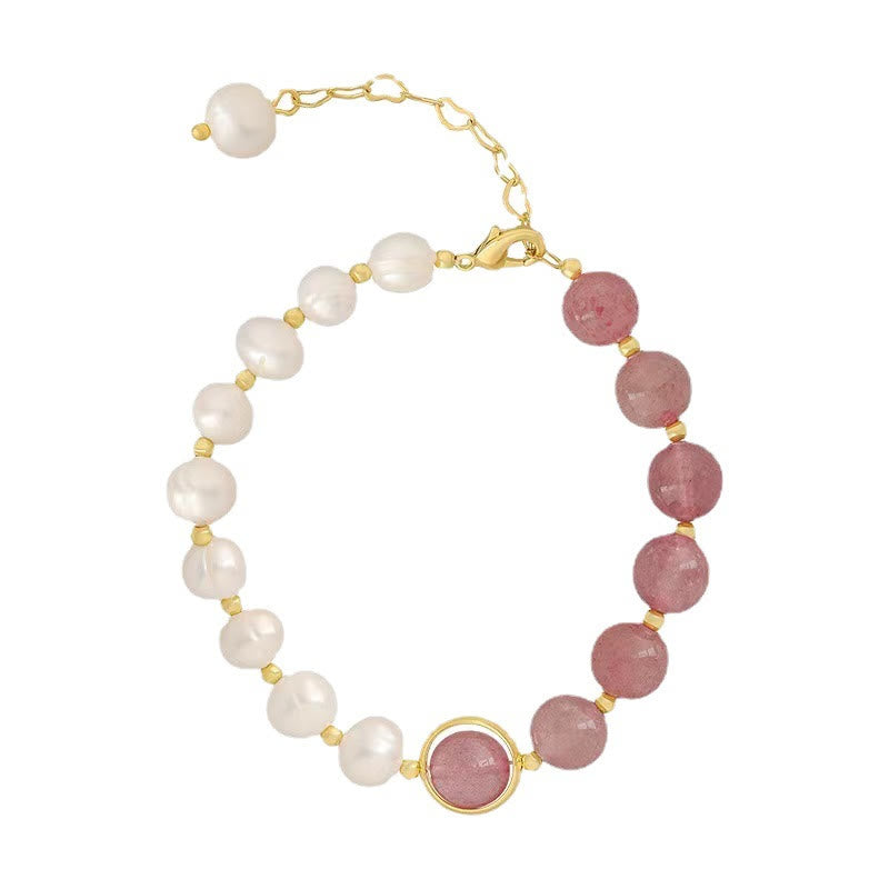 Natural Strawberry Quartz and Pearl Love Positive Chain Bracelet