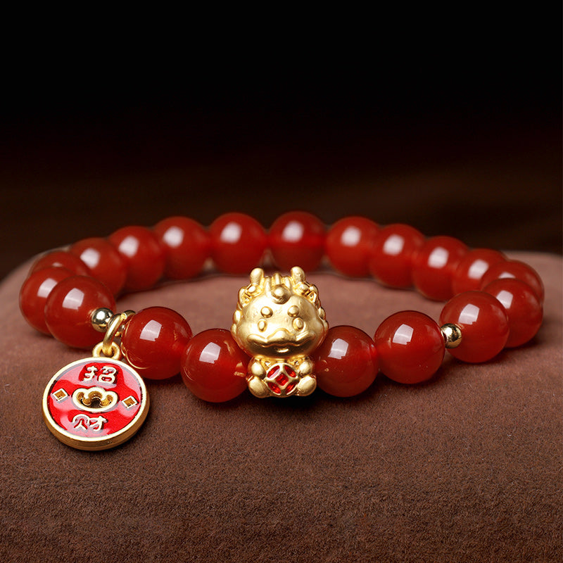 Year of the Dragon Natural Red Agate Copper Coin Attract Fortune Bracelet