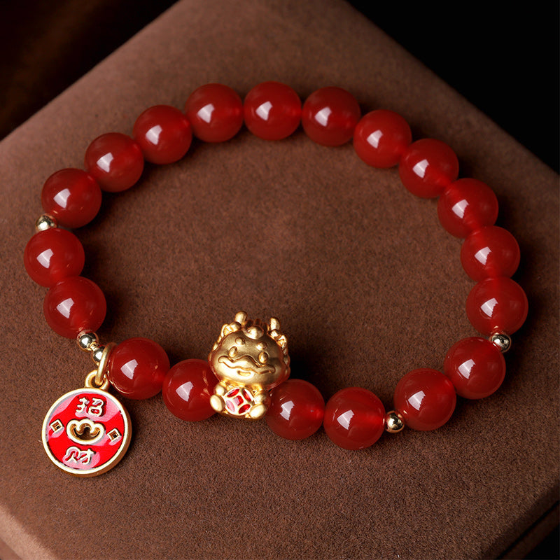 Year of the Dragon Natural Red Agate Copper Coin Attract Fortune Bracelet