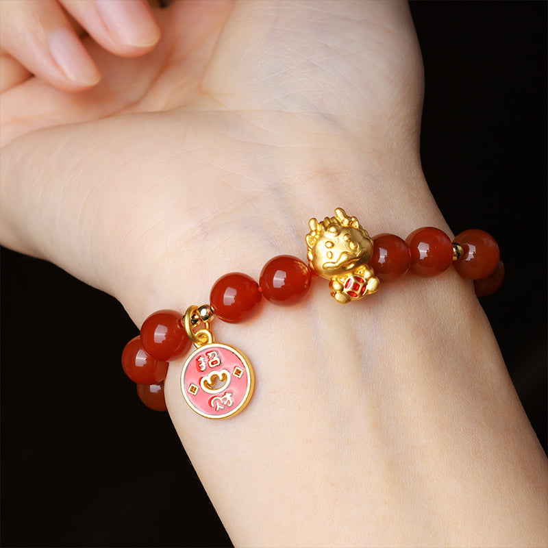 Year of the Dragon Natural Red Agate Copper Coin Attract Fortune Bracelet