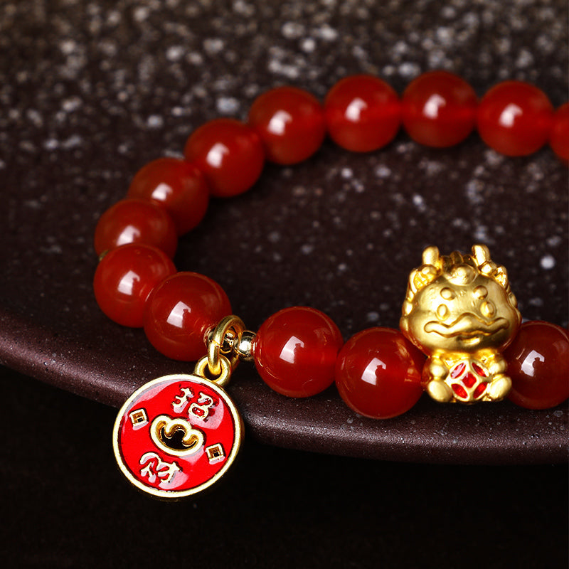 Year of the Dragon Natural Red Agate Copper Coin Attract Fortune Bracelet