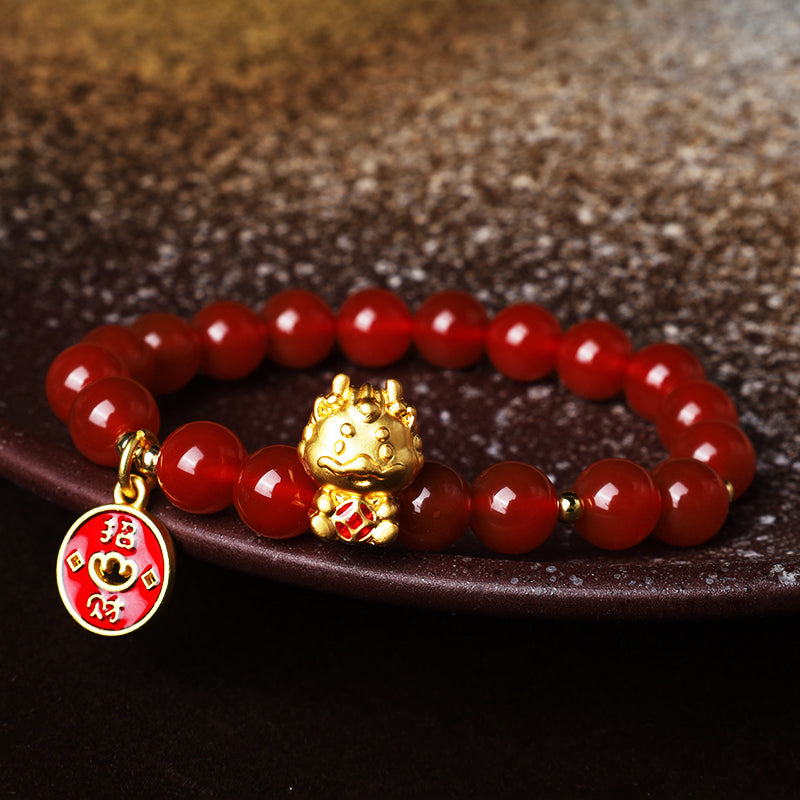 Year of the Dragon Natural Red Agate Copper Coin Attract Fortune Bracelet