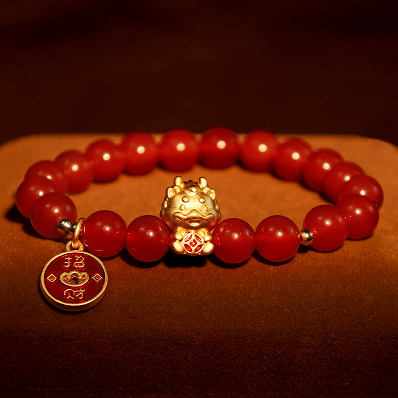 Year of the Dragon Natural Red Agate Copper Coin Attract Fortune Bracelet
