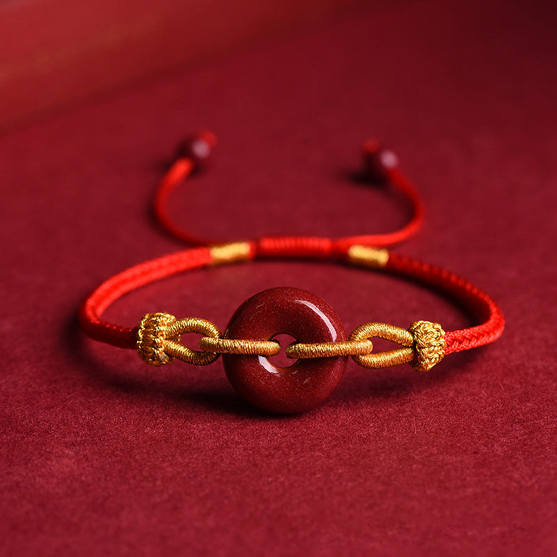Handcrafted Cinnabar Ping An Kou Braided Peace Buckle Adjustable Bracelet