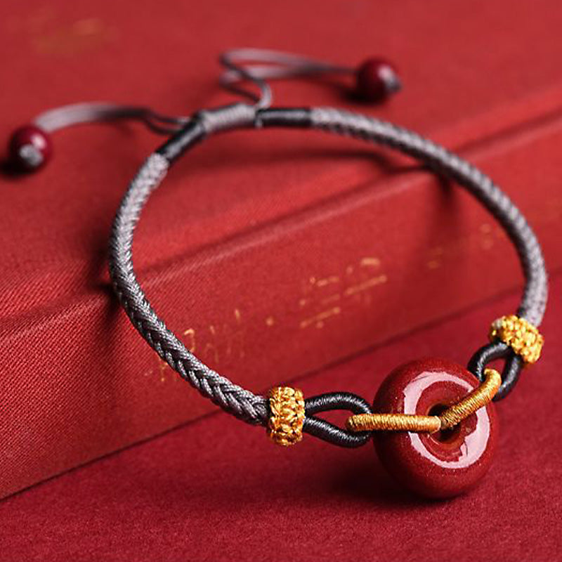 Handcrafted Cinnabar Ping An Kou Braided Peace Buckle Adjustable Bracelet