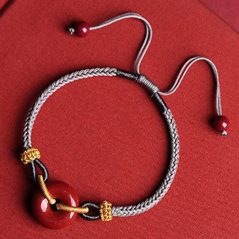 Handcrafted Cinnabar Ping An Kou Braided Peace Buckle Adjustable Bracelet