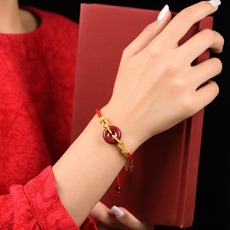 Handcrafted Cinnabar Ping An Kou Braided Peace Buckle Adjustable Bracelet