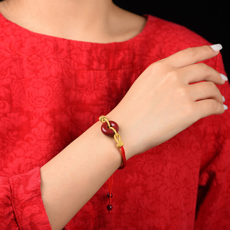 Handcrafted Cinnabar Ping An Kou Braided Peace Buckle Adjustable Bracelet