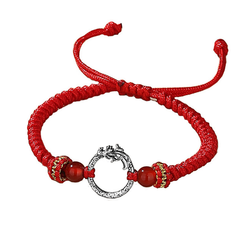 Handmade 925 Sterling Silver Dragon Phoenix Ping An Kou Red String Couple Bracelet