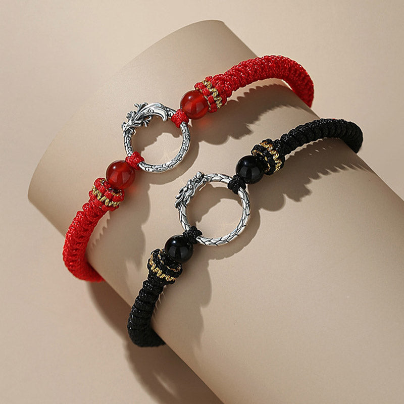 Handmade 925 Sterling Silver Dragon Phoenix Ping An Kou Red String Couple Bracelet