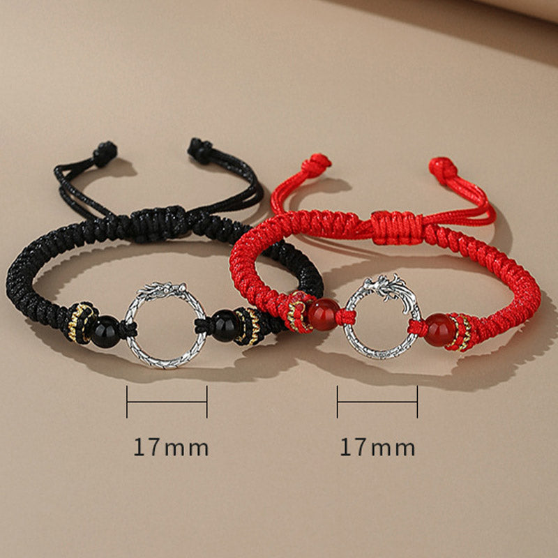 Handmade 925 Sterling Silver Dragon Phoenix Ping An Kou Red String Couple Bracelet