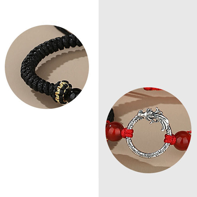 Handmade 925 Sterling Silver Dragon Phoenix Ping An Kou Red String Couple Bracelet