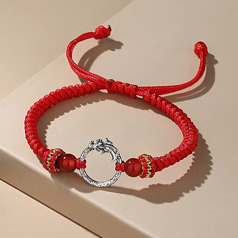 Handmade 925 Sterling Silver Dragon Phoenix Ping An Kou Red String Couple Bracelet