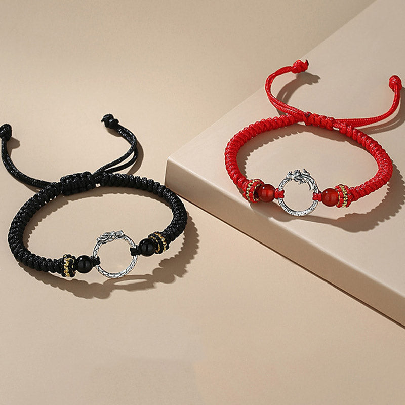Handmade 925 Sterling Silver Dragon Phoenix Ping An Kou Red String Couple Bracelet