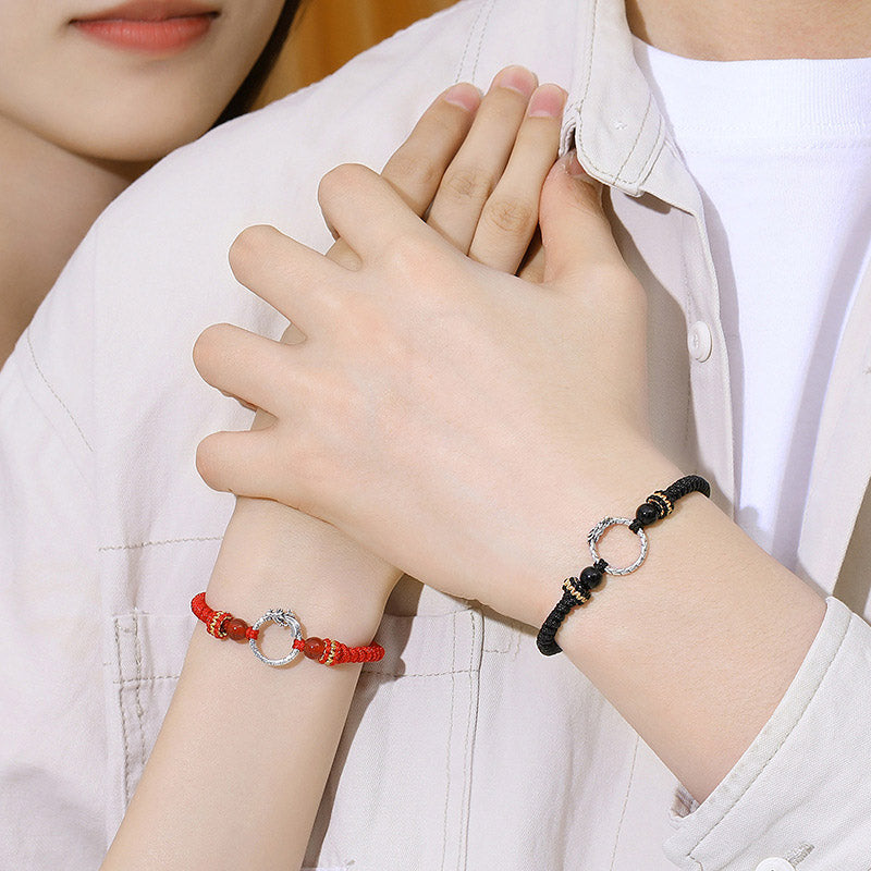Handmade 925 Sterling Silver Dragon Phoenix Ping An Kou Red String Couple Bracelet