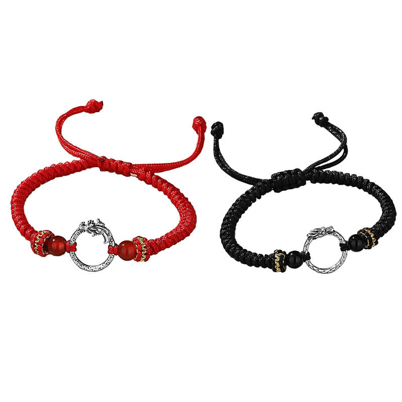 Handmade 925 Sterling Silver Dragon Phoenix Ping An Kou Red String Couple Bracelet