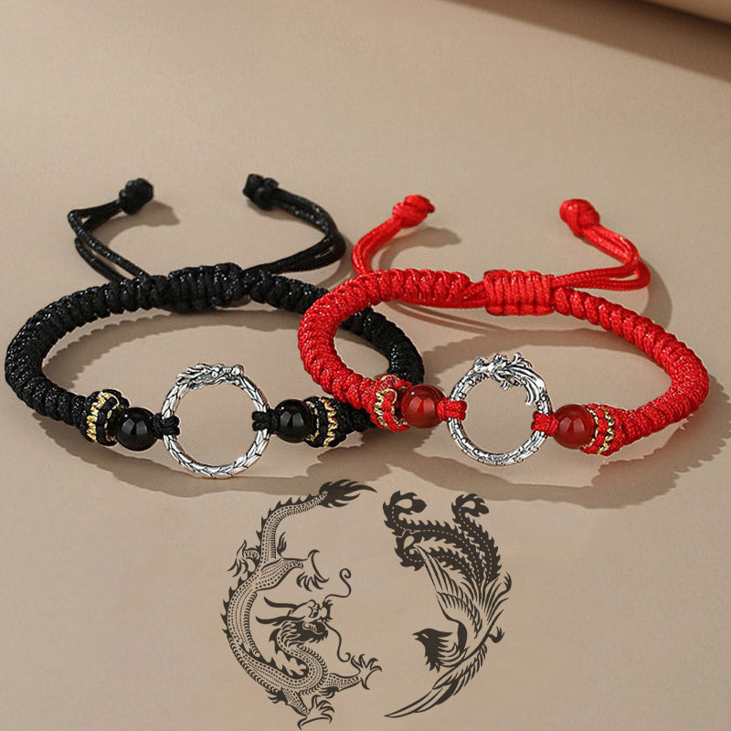 Handmade 925 Sterling Silver Dragon Phoenix Ping An Kou Red String Couple Bracelet