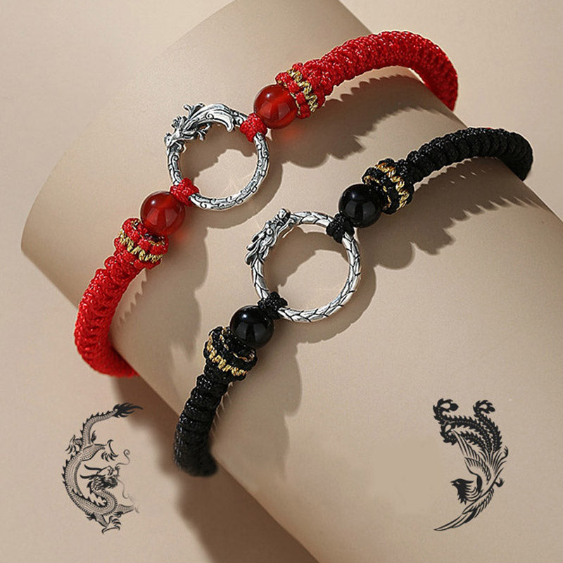 Handmade 925 Sterling Silver Dragon Phoenix Ping An Kou Red String Couple Bracelet