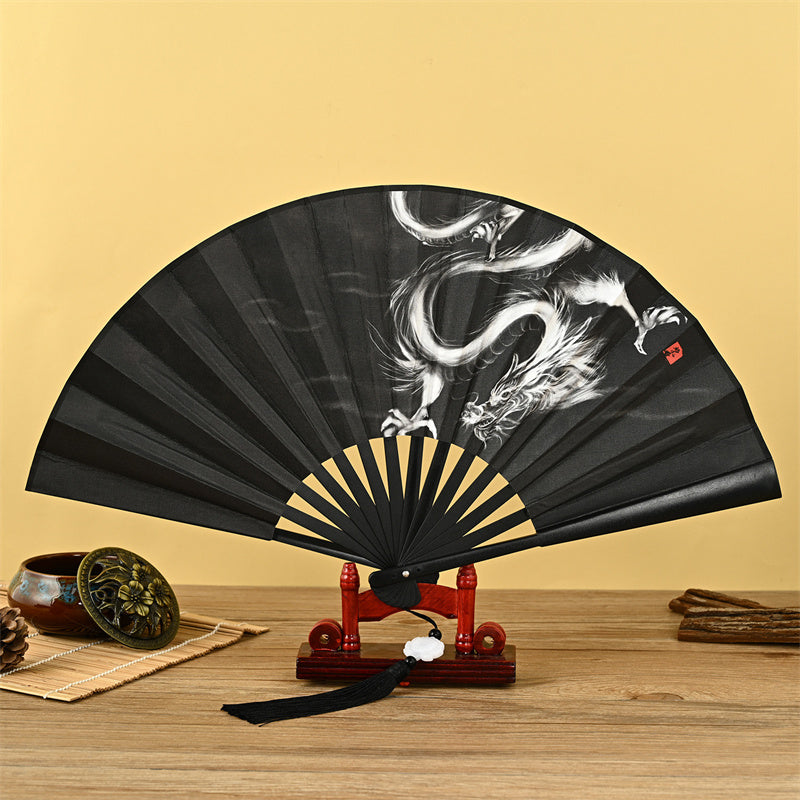 Dragon Phoenix Tiger Crane Eagle Wolf Koi Fish Handheld Folding Fan Lotus Tassel Fan