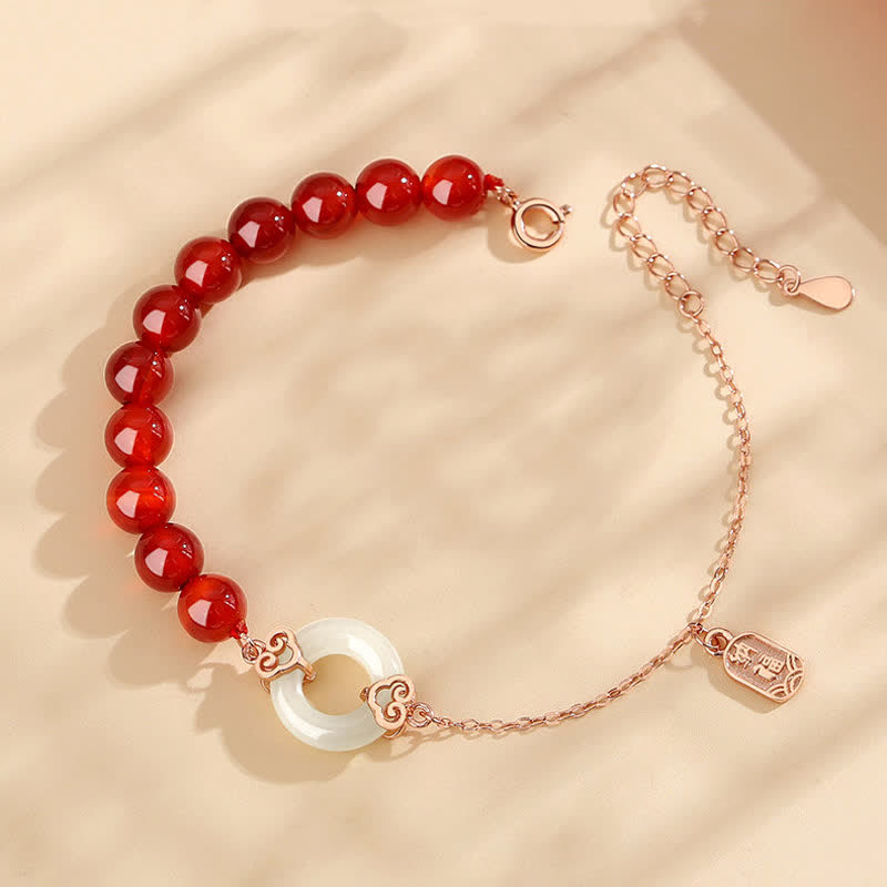 Natural Red Agate and White Jade Ping An Kou 925 Sterling Silver Peace Buckle Bracelet