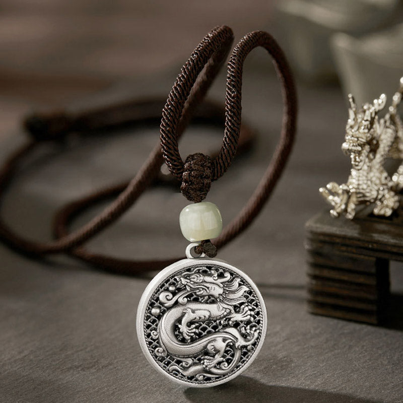 999 Sterling Silver Year of the Dragon Fu Character Hetian Jade Success Necklace Pendant