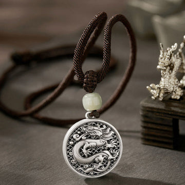 999 Sterling Silver Year of the Dragon Fu Character Hetian Jade Success Necklace Pendant