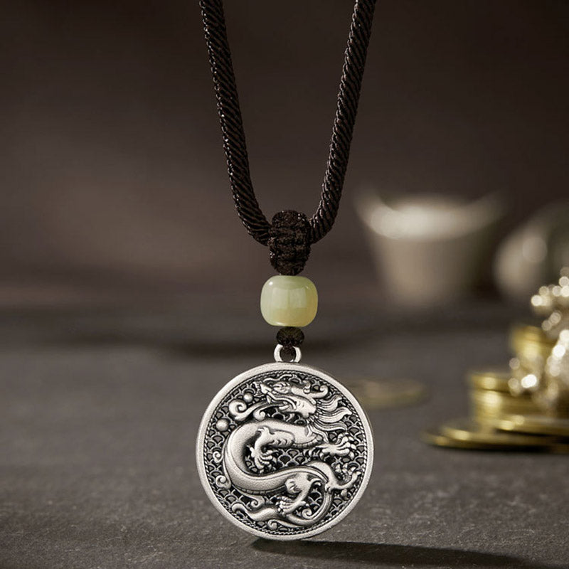 999 Sterling Silver Year of the Dragon Fu Character Hetian Jade Success Necklace Pendant