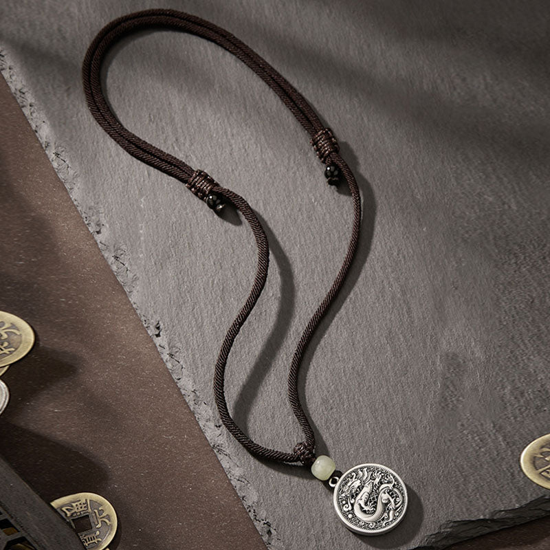 999 Sterling Silver Year of the Dragon Fu Character Hetian Jade Success Necklace Pendant