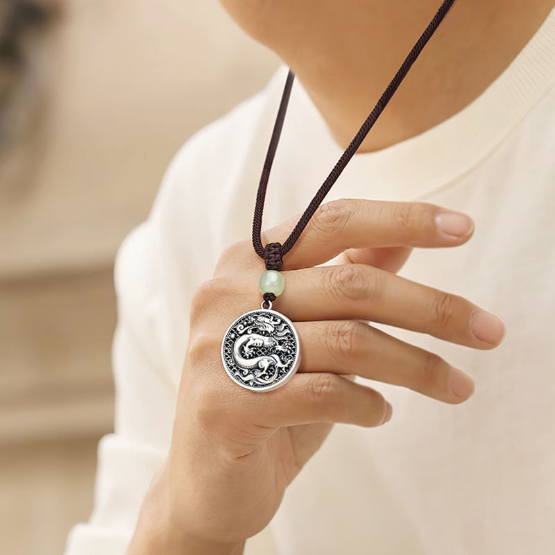 999 Sterling Silver Year of the Dragon Fu Character Hetian Jade Success Necklace Pendant