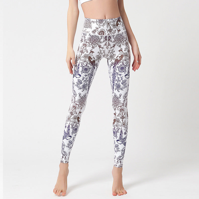 Flowers Leaves Birds Print Pants Sports Fitness Yoga Leggings Women's Yoga Pants