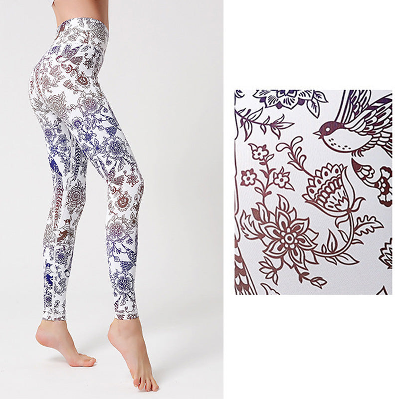 Flowers Leaves Birds Print Pants Sports Fitness Yoga Leggings Women's Yoga Pants