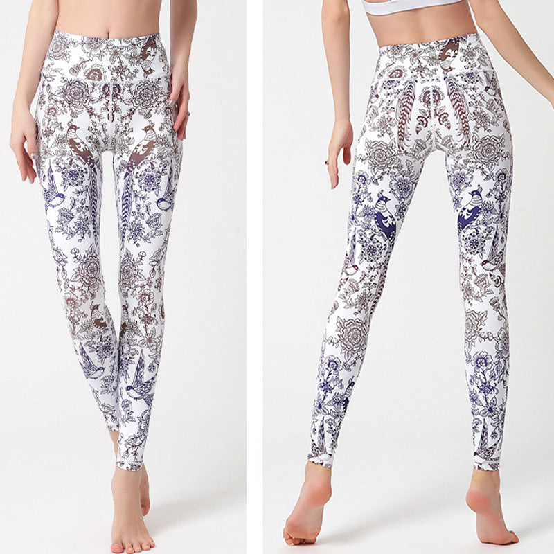 Flowers Leaves Birds Print Pants Sports Fitness Yoga Leggings Women's Yoga Pants